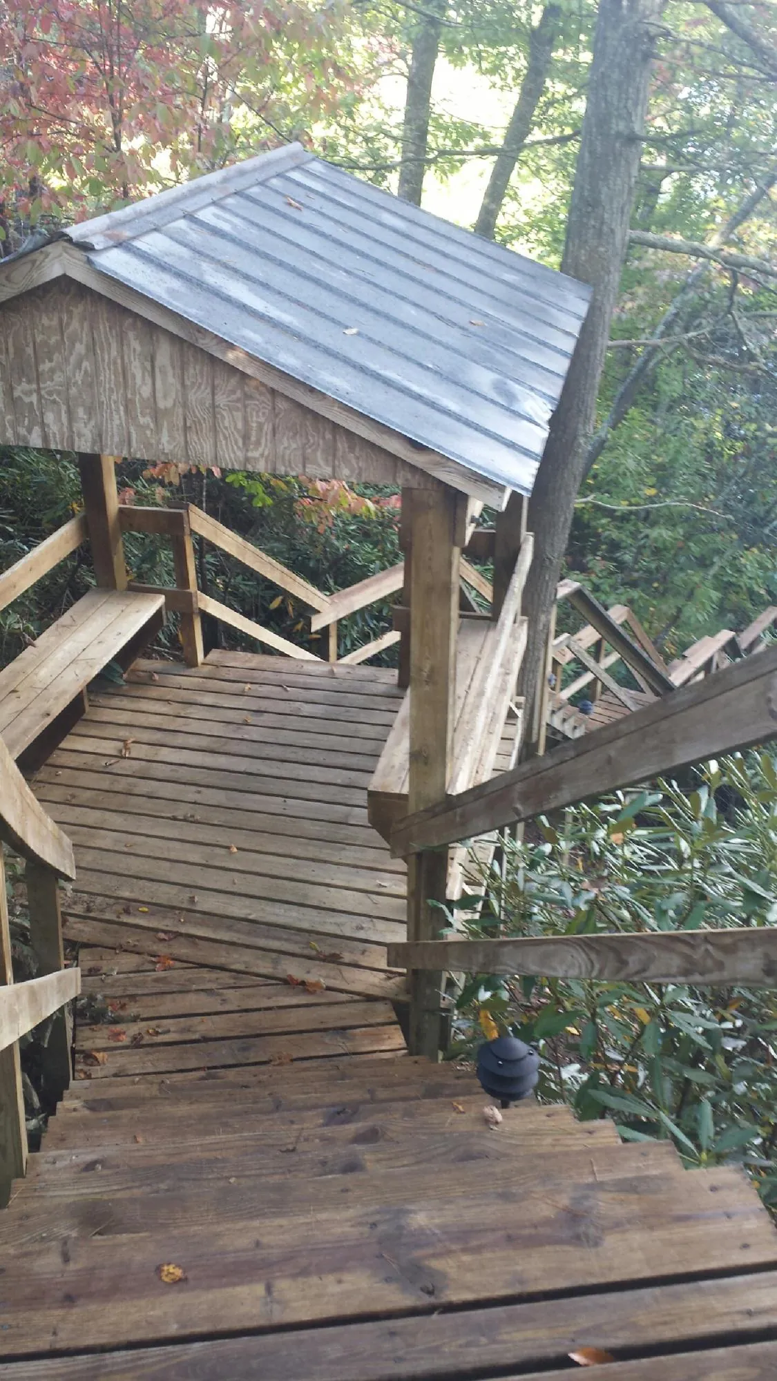 Metal roofed shelter over wooden steps on a wooded walkway — Skylight Repair & Installation work by our crew in Long Grove